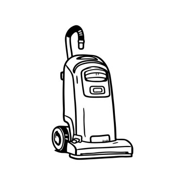 This illustration features a classic vacuum cleaner in a simplistic black and white outline style, perfect for home cleaning themes and design projects.