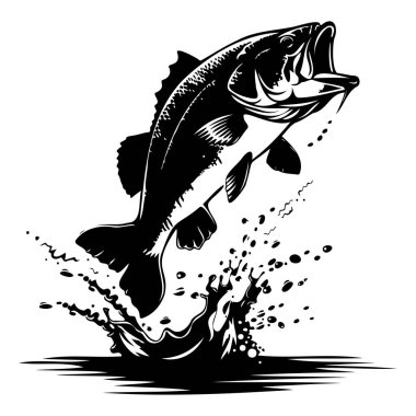 This black and white illustration captures an energetic bass fish jumping out of water, highlighting its dynamic movement and splash effect.