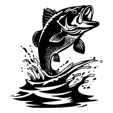 A striking black and white illustration featuring a leaping fish with splashes of water, symbolizing the thrill of fishing adventures in nature.