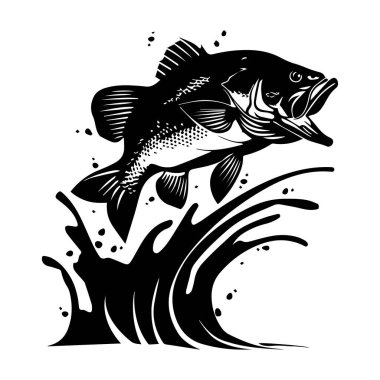 This dynamic black and white illustration captures a large fish leaping out of the water, creating an engaging splash, perfect for fishing themes.