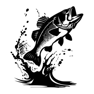 A striking black and white illustration of a bass fish leaping out of water, surrounded by dynamic splashes, capturing intense motion and energy.