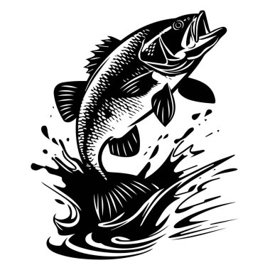 Captivating black and white illustration of a fish leaping from water, surrounded by dynamic splashes, capturing the thrill of wildlife.