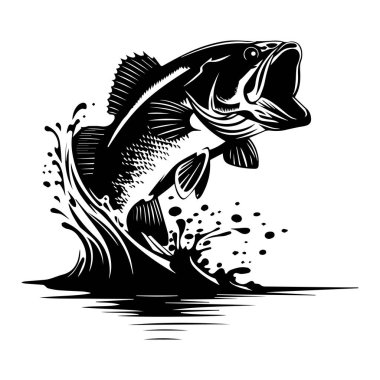This vibrant black and white illustration captures a fish leaping out of water, surrounded by splashes, ideal for nature lovers and fishing enthusiasts.