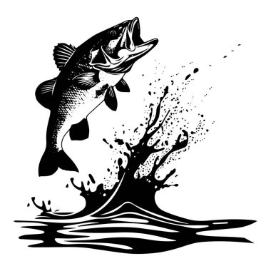This striking black and white illustration showcases a fish leaping out of water, creating splashes, ideal for fishing and nature-themed projects.