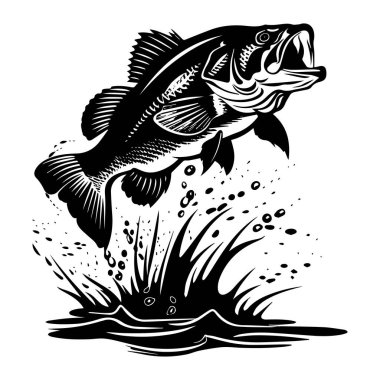 This striking black and white illustration depicts a bass fish jumping out of water, creating a dramatic splash that conveys energy and movement.