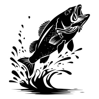 Captivating black and white illustration of a fish jumping out of water, showcasing movement and energy, perfect for nature-themed designs.