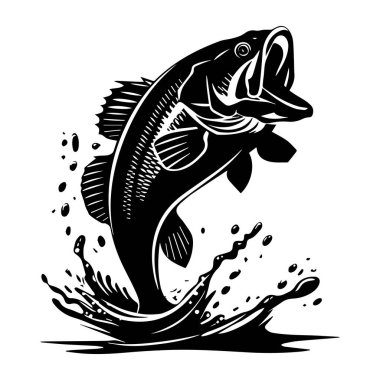 This striking black and white illustration features a fish leaping from the water, creating a dynamic splash. Perfect for nature-themed projects or fishing adventures.