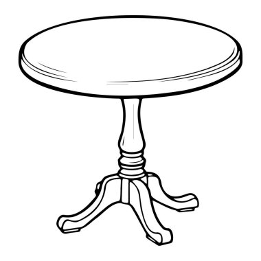 This detailed black and white illustration features a classic round wooden table design, perfect for enhancing dining areas or cafes with elegance.