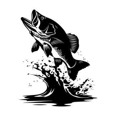 Artistic black and white illustration of a fish leaping out of water, showcasing dynamic motion and energy in a nature-inspired design.