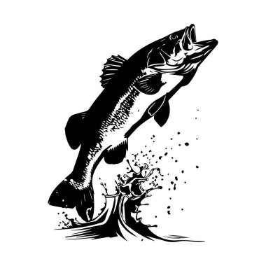 Dynamic black and white illustration of a fish jumping from water, showcasing motion and splashes for outdoor and sport themes.