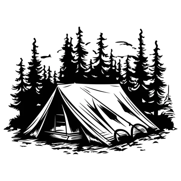 This vintage-style illustration features a camping scene with a tent nestled among tall trees, evoking a sense of adventure and tranquility.