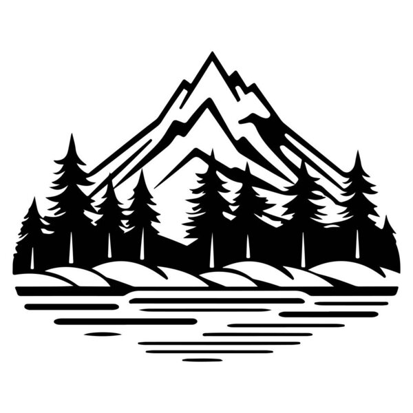 Stunning minimalist silhouette of a mountain range with pine trees and a reflective lake, perfect for nature lovers and adventure seekers.