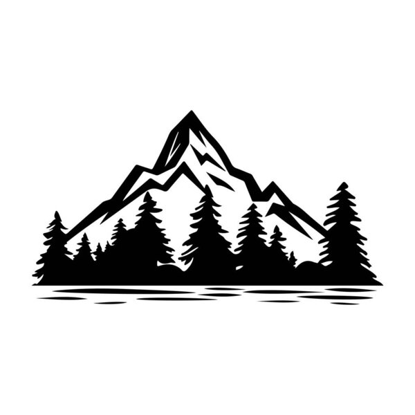 This stunning silhouette image showcases a majestic mountain range with towering pine trees reflected in a serene lake, perfect for outdoor themes.