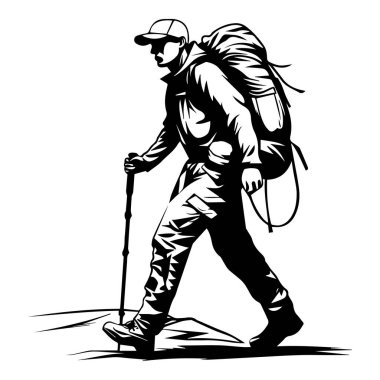 This black and white illustration depicts a man hiking with a backpack, perfect for themes of outdoor adventure, fitness, and exploration.
