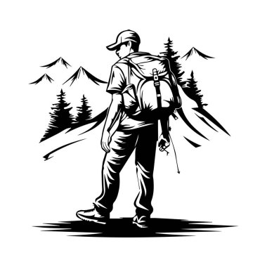 A striking black and white illustration of a hiker with a backpack, pausing to take in a stunning mountain landscape, symbolizing adventure and exploration.