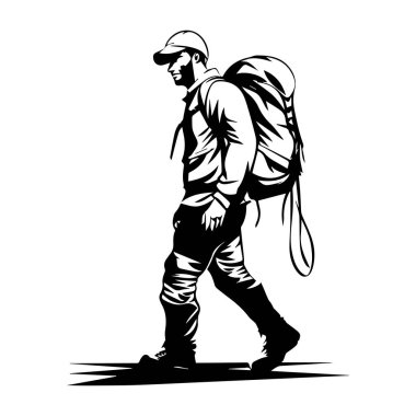 This detailed black and white silhouette shows a male hiker walking on a trail with a backpack, representing adventure and outdoor exploration beautifully.