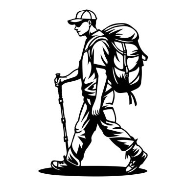An artistic black and white illustration of a man hiking with a backpack and walking stick, embodying the spirit of outdoor adventures and exploration.