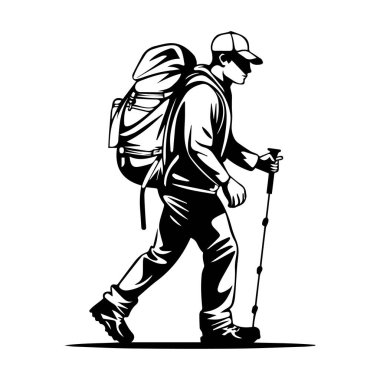 A monochrome silhouette of a hiker wearing a backpack while walking on a trail with trekking poles, representing adventure and exploration in nature.