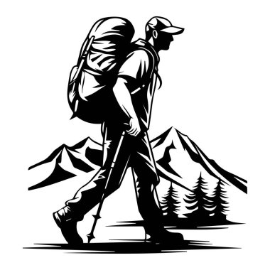 A striking black and white silhouette of a man hiking through mountains, showcasing the spirit of adventure, exploration, and connection to nature.