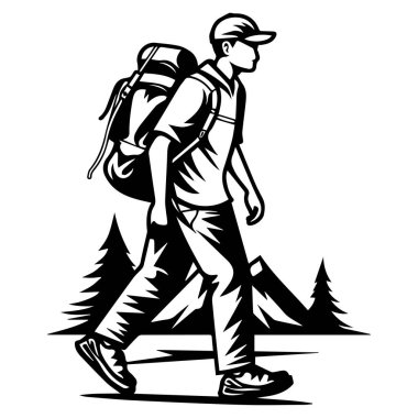 A black and white illustration depicting a male hiker with a backpack, walking confidently through a serene forest landscape, embodying adventure.