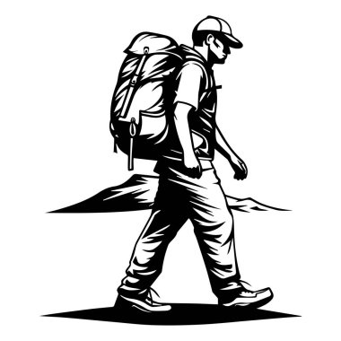 A detailed illustration of a man hiking with a backpack in a mountainous landscape, perfect for outdoor adventure and travel themes.