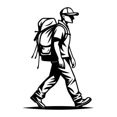 This illustration features a man walking with a backpack, capturing a spirit of adventure and exploration in a minimalist design style.