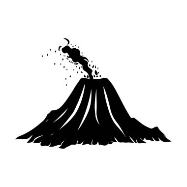 A striking black silhouette of an erupting volcano showcases dark smoke and ash rising from the peak, illustrating the power of nature and geological phenomena.