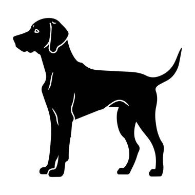 This illustration features a silhouette of a standing dog against a clean white background. It is styled for minimalistic and modern design projects.