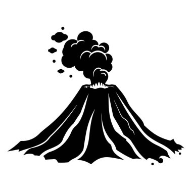 A striking silhouette of an erupting volcano, characterized by billowing smoke and ash clouds rising against a stark white backdrop.