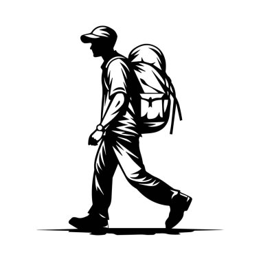 This stylized silhouette depicts a male hiker wearing a backpack, walking through a natural landscape, embodying adventure and exploration.