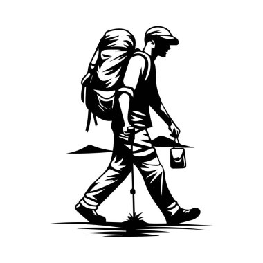 This black and white illustration features a hiker with a backpack walking through a serene landscape, holding a bucket and a trekking pole. Perfect for outdoor themes.