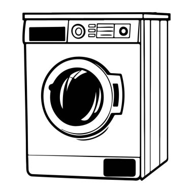 A detailed black and white illustration of a modern front-loading washing machine, featuring a circular door and a user-friendly control panel. Perfect for home and appliance themes.