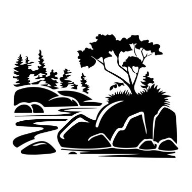 Immerse in a tranquil nature scene featuring rocks, water, and trees. This black and white silhouette captures the essence of serenity.