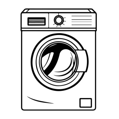 A detailed black and white illustration of a modern washing machine featuring a circular door, perfect for representing laundry, home care, and appliance themes.