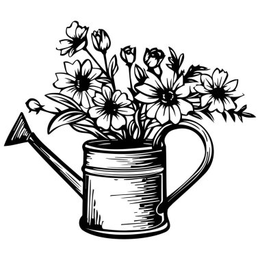This black and white illustration features a vintage watering can overflowed with beautiful flowers, symbolizing growth and nurturing in a serene garden scene.