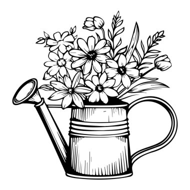 This black and white illustration captures a watering can filled with an array of beautiful flowers, embodying the essence of gardening and nature.