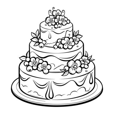 A beautifully illustrated three-tiered cake showcasing floral arrangements and fruits, perfect for celebrations and special events.