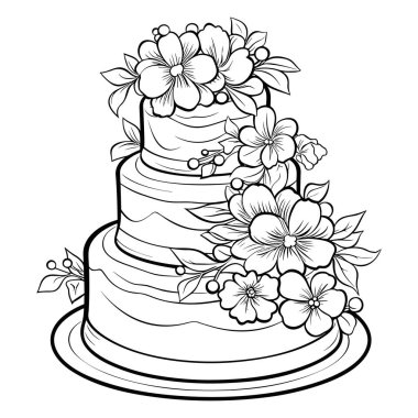 This black and white line art illustration showcases an elegant three-tiered wedding cake adorned with beautiful floral decorations. Perfect for creative projects.