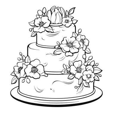 This detailed illustration features an elegant three-tier cake adorned with stunning flowers and leaves, perfect for any celebration.