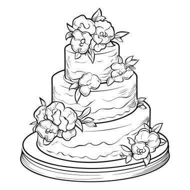 A beautiful illustration of a three-tiered wedding cake adorned with intricate floral designs, perfect for weddings and special celebrations.