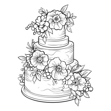 A beautifully illustrated three-tier wedding cake with delicate floral embellishments, perfect for inspiring culinary creations and event planning.