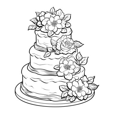 An elegant illustration of a three-tier cake adorned with beautiful floral decorations, ideal for weddings and special celebrations.