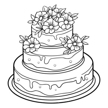 A beautiful line art illustration of a three-tiered cake adorned with flowers, perfect for coloring, creativity, and festive occasions. Ideal for artists of all ages.