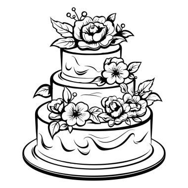 This stunning illustration features an elegant three-tiered cake embellished with beautiful floral decorations. Perfect for weddings and celebrations!