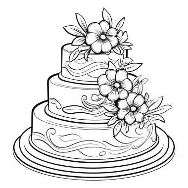 A beautifully illustrated three-tiered cake adorned with floral arrangements and delicate patterns, perfect for event planning and baking projects.