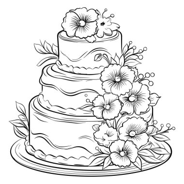 A beautiful line art illustration of a three-tier cake adorned with floral details, perfect for coloring, event planning, and celebration themes.