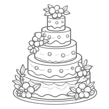 Beautiful outline illustration of a multi-tier cake adorned with flowers suitable for weddings and special occasions, perfect for invitations or designs.