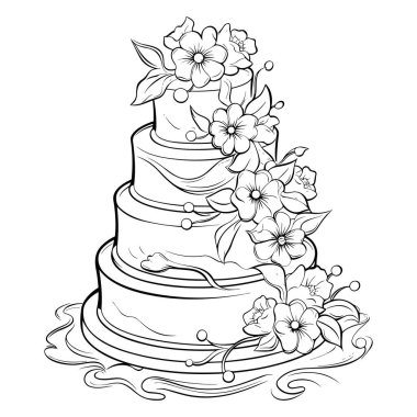This detailed illustration features a three-tiered cake adorned with beautiful floral designs, perfect for illustrations or event themes.