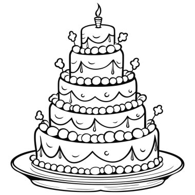 A beautifully illustrated multi-tiered birthday cake design featuring intricate decorations and a single candle, perfect for celebrations.