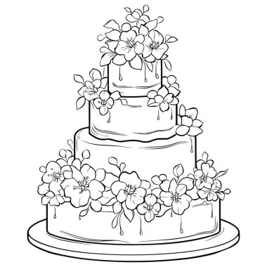 This elegant illustrated wedding cake features three tiers embellished with delicate flowers and dripping icing, perfect for any celebration.